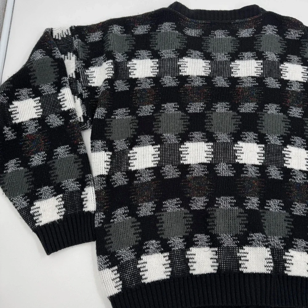 Vintage AREA Black White Gray Plaid Button V Neck Cardigan‎ Sweater Men's Large